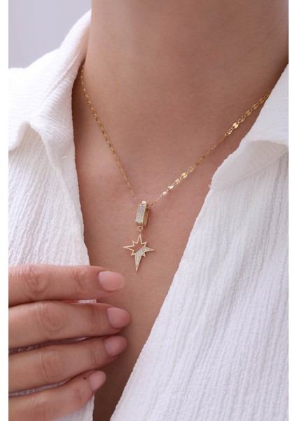 14 Ayar Altın Aynalı Zincir Yarı Taşlı Kuzey Yıldızı Kolye