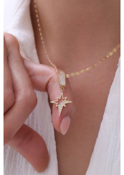 14 Ayar Altın Aynalı Zincir Yarı Taşlı Kuzey Yıldızı Kolye fiyatları