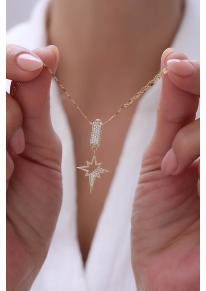 14 Ayar Altın Aynalı Zincir Yarı Taşlı Kuzey Yıldızı Kolye modelleri