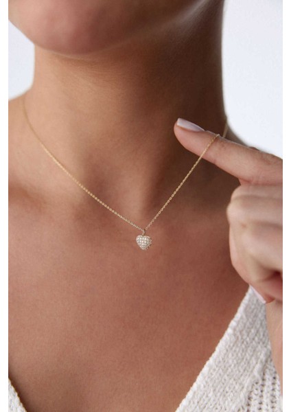 14 Ayar Altın Bombe Taşlı Kalp Kolye