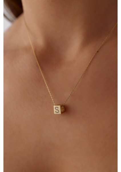 14 Ayar Altın Forse Zincir Taşlı Küp Harf Kolye
