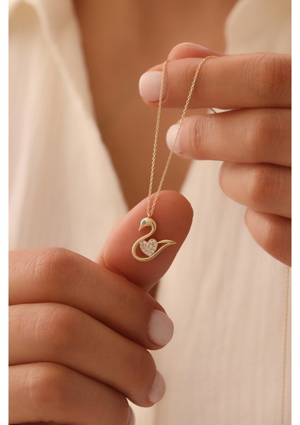 14 Ayar Altın Kalp Detaylı Kuğu Kolye fiyatları