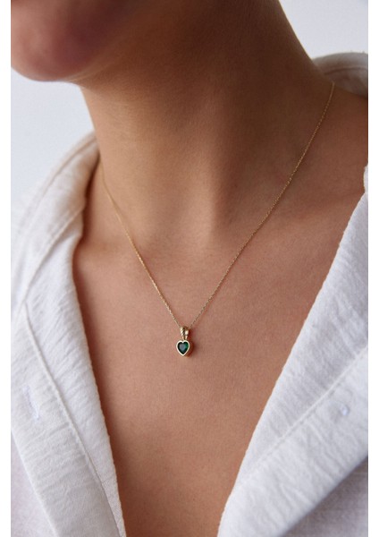14 Ayar Altın Forse Zincir Yeşil Kalp Kolye