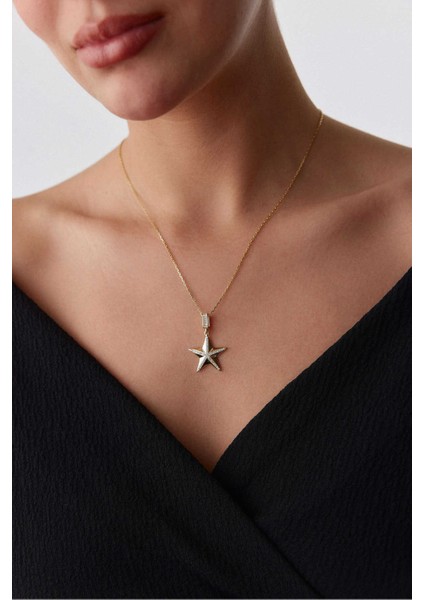 14 Ayar Altın Geniş Forse Taşlı Yıldız Kolye