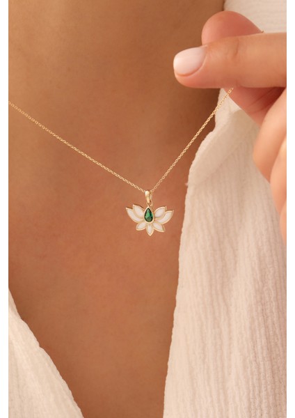 14 Ayar Altın Zümrüt Taşlı Mineli Lotus Kolye