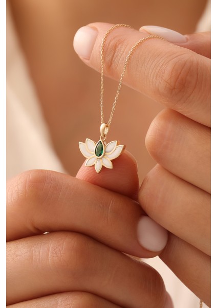 14 Ayar Altın Zümrüt Taşlı Mineli Lotus Kolye fiyatları