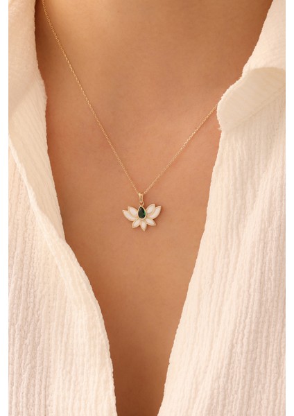 14 Ayar Altın Zümrüt Taşlı Mineli Lotus Kolye modelleri