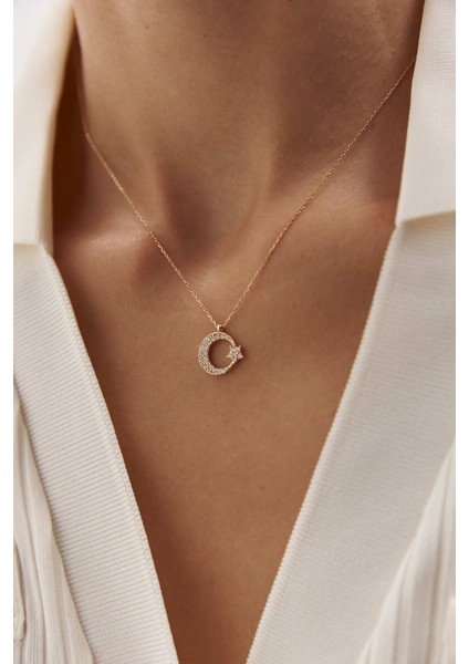 14 Ayar Altın Taşlı Ayyıldız Kolye