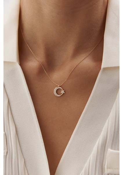 14 Ayar Altın Taşlı Ayyıldız Kolye modelleri