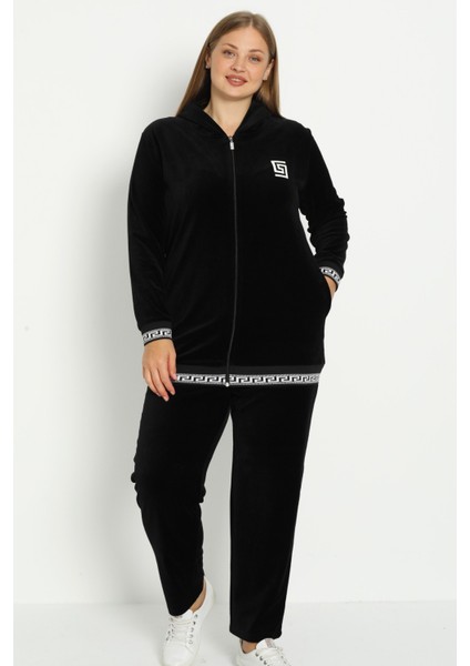 Kadın Büyük Beden Siyah Kapüşonlu Pamuklu Kadife Baskı Detaylı Cepli Alt Üst Eşofman Takımı fiyatları