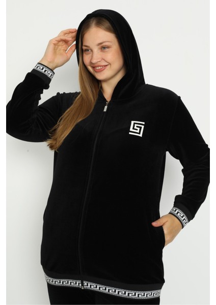 Kadın Büyük Beden Siyah Kapüşonlu Pamuklu Kadife Baskı Detaylı Cepli Alt Üst Eşofman Takımı indirimleri