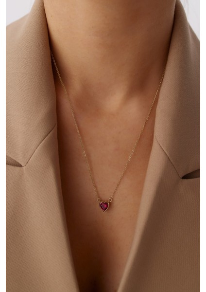 14 Ayar Altın Forse Zincir Kırmızı Kalp Kolye