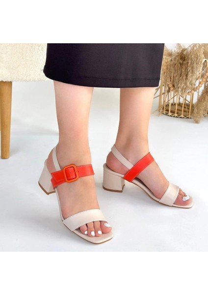 Techmrt Year Bej Cilt Turuncu Detaylı Topuklu Ayakkabı (Numara: 37) fırsatları