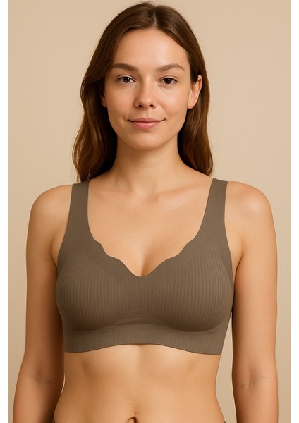 Dikişsiz Balensiz Lazer Kesim Hayalet Yarım Atlet – Haki Rengi Rahat Kadın Sütyen