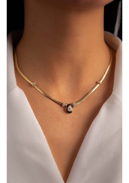 Altın Sekizgen Mineli Damla Baget Kolye