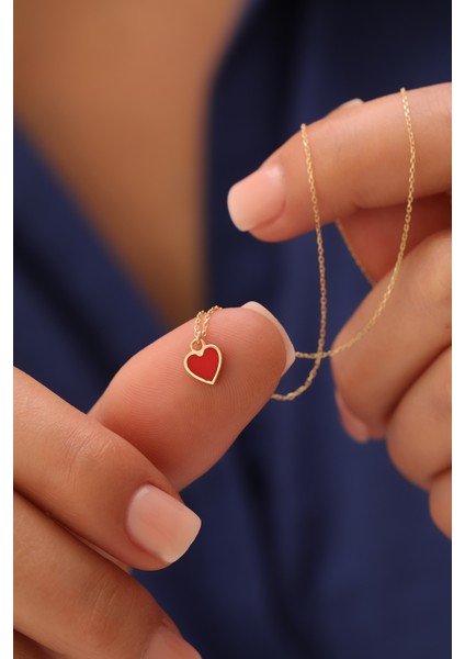 14 Ayar Altın Minimal Kırmızı Kalp Kolye