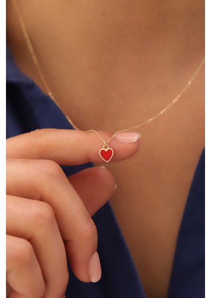 14 Ayar Altın Minimal Kırmızı Kalp Kolye modelleri