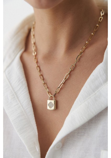 14 Ayar Altın Ataş Zincir Taşlı Yonca Kilit Kolye