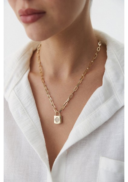 14 Ayar Altın Ataş Zincir Taşlı Yonca Kilit Kolye fiyatları