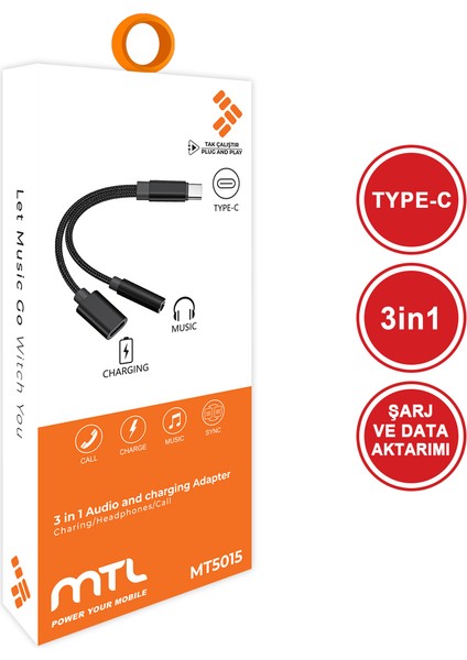 2in1 Type-C Şarj ve Ses Aktarımı Kulaklık Aux Dönüştürücü Tak Çalıştır Bluetooth Gerekmez MT5015 fiyatları