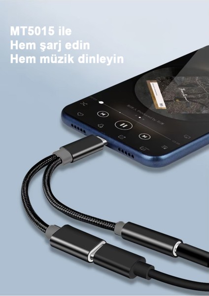 2in1 Type-C Şarj ve Ses Aktarımı Kulaklık Aux Dönüştürücü Tak Çalıştır Bluetooth Gerekmez MT5015 modelleri