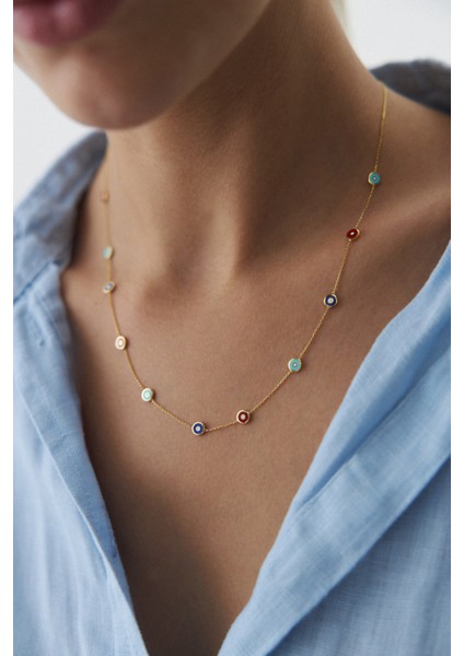 14 Ayar Altın Nazar Boncuğu Renkli Mineli Kolye