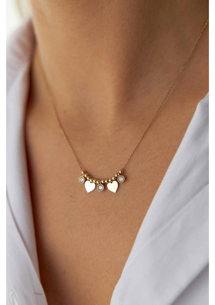 14 Ayar Altın Sıralı Sallantılı Kalp Kolye