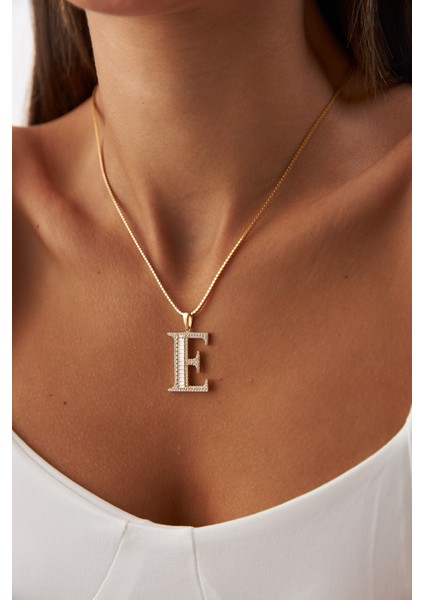 14 Ayar Altın Ezme Küp Zincir Taşlı Harf Kolye