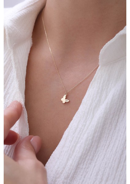 14 Ayar Altın Tek Taşlı Kelebek Kolye