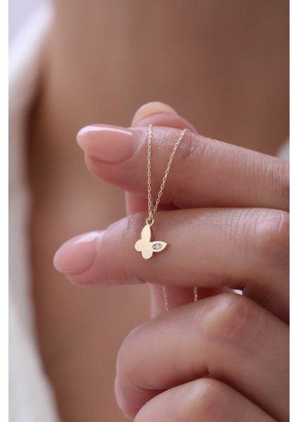 14 Ayar Altın Tek Taşlı Kelebek Kolye modelleri