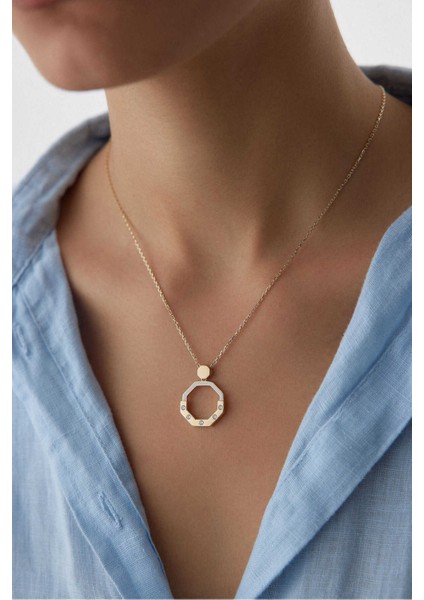 14 Ayar Altın Sekizgen Taşlı Kolye