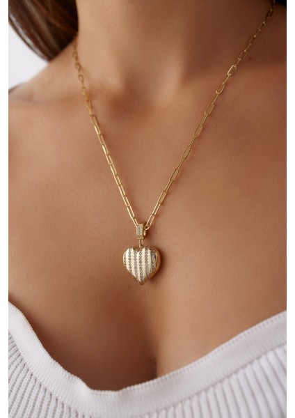 14 Ayar Altın Ataş Zincir Taşlı Kalp Kolye