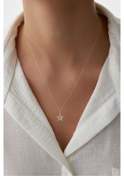 14 Ayar Altın Taşlı Yıldız Kolye