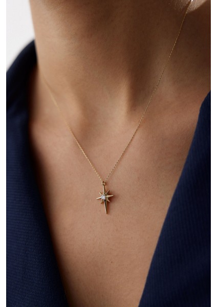 14 Ayar Altın Tektaş Kuzey Yıldızı Kolye