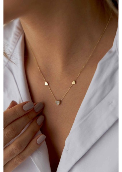 14 Ayar Altın Üçlü Kalp Kolye