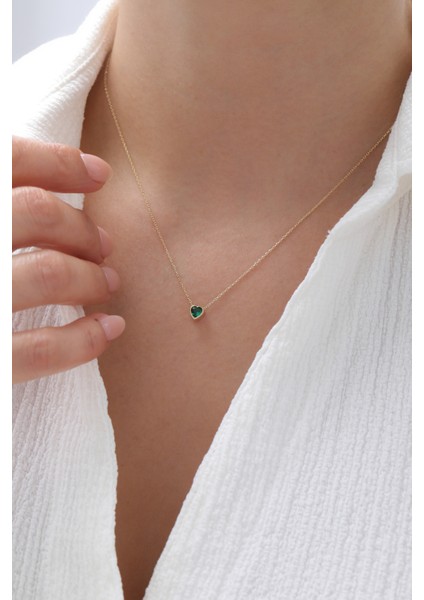 14 Ayar Altın Zümrüt Taşlı Kalp Kolye fiyatları