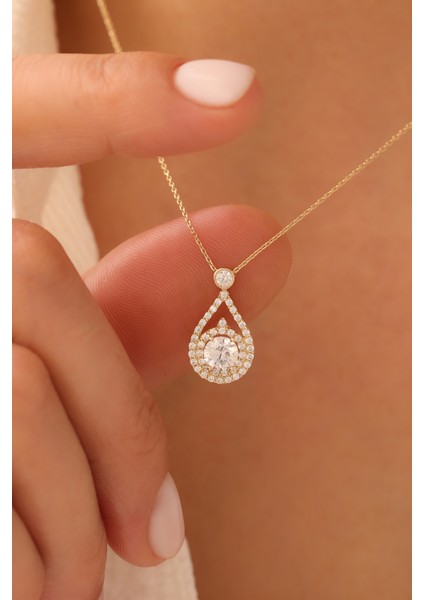 14 Ayar Altın Baget Taşlı Damla Kolye