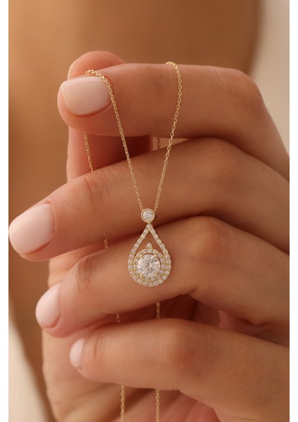 14 Ayar Altın Baget Taşlı Damla Kolye fiyatları