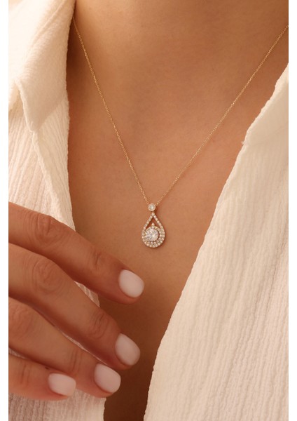 14 Ayar Altın Baget Taşlı Damla Kolye modelleri