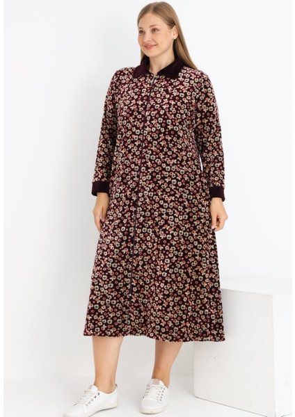 Kadın Büyük Beden Çiçek Desenli Pamuklu Kadife Fermuarlı Cepli Elbise modelleri