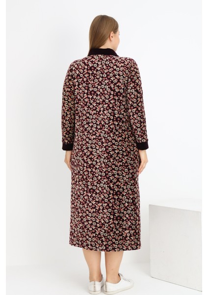 Kadın Büyük Beden Çiçek Desenli Pamuklu Kadife Fermuarlı Cepli Elbise