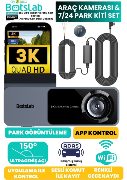 HK50 Set / 3k Qhd Wifi 150° Ultra Geniş Açı Gece Görüşlü Akıllı Araç Kamera + Park Kiti