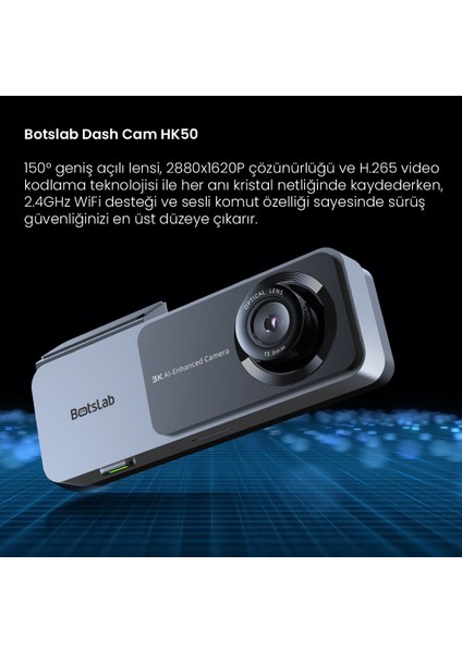 HK50 Set / 3k Qhd Wifi 150° Ultra Geniş Açı Gece Görüşlü Akıllı Araç Kamera + Park Kiti