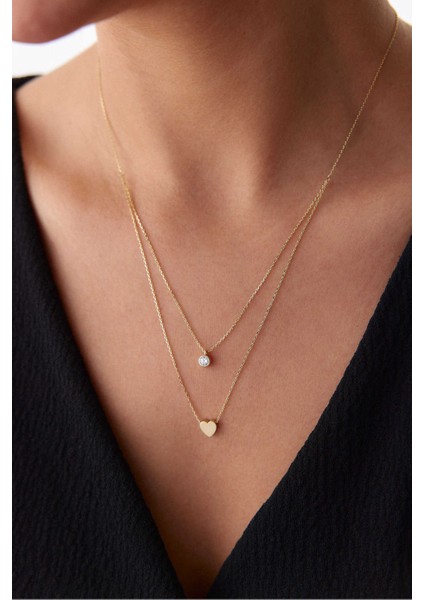 14 Ayar Altın Ikili Taşlı Kalp Kolye