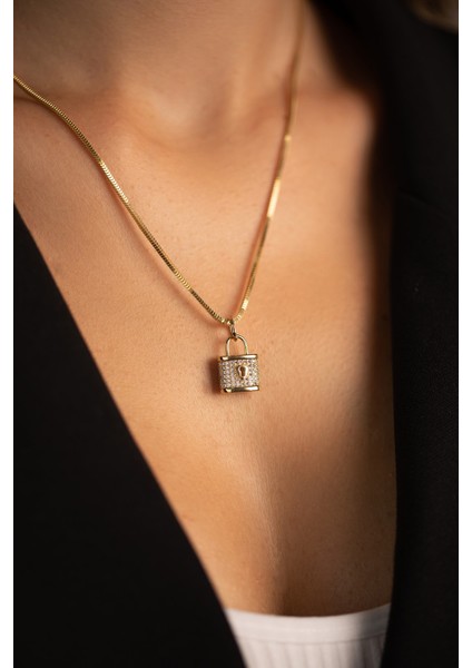 14 Ayar Altın Kalın Küp Zincir Taşlı Kilit Kolye fiyatları