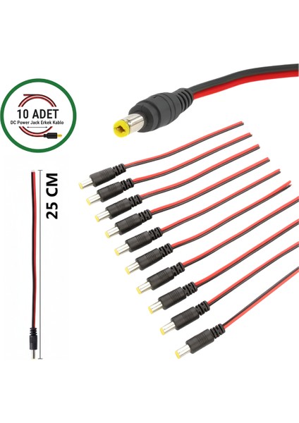 10 Adet Dc Power Jack Kablosu 25 cm Düz Erkek Çoklu Set Kamera Modem LED Adaptör Güç Bağlantı Kablosu