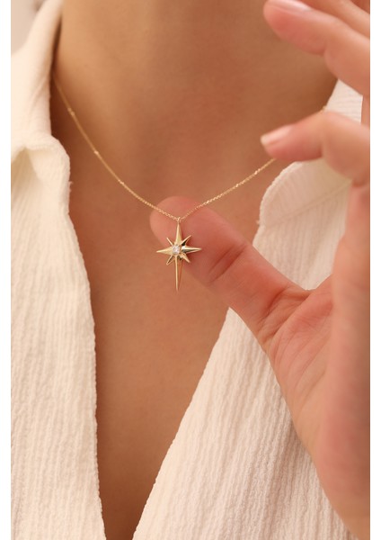 14 Ayar Altın Tektaş Kuzey Yıldızı Kolye