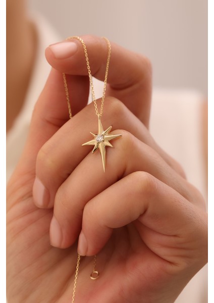 14 Ayar Altın Tektaş Kuzey Yıldızı Kolye modelleri