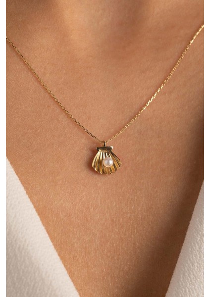 14 Ayar Altın Incili Istiridye Kolye