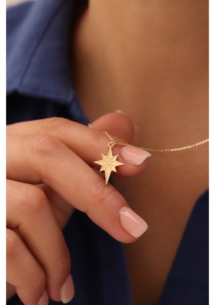 14 Ayar Altın Kuzey Yıldızı Plaka Kolye